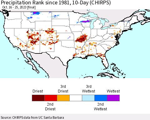 United States Precipitation Rank since 1981, 10-Day (CHIRPS) Thematic Map For 10/16/2023 - 10/25/2023