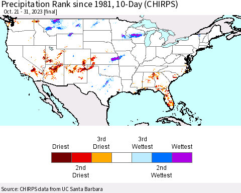United States Precipitation Rank since 1981, 10-Day (CHIRPS) Thematic Map For 10/21/2023 - 10/31/2023