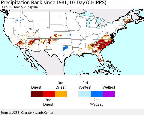 United States Precipitation Rank since 1981, 10-Day (CHIRPS) Thematic Map For 10/26/2023 - 11/5/2023