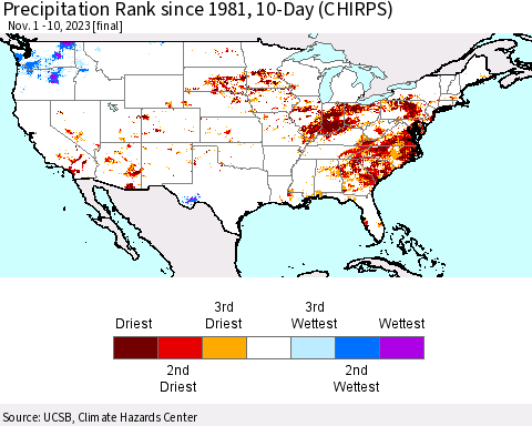 United States Precipitation Rank since 1981, 10-Day (CHIRPS) Thematic Map For 11/1/2023 - 11/10/2023
