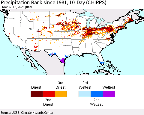 United States Precipitation Rank since 1981, 10-Day (CHIRPS) Thematic Map For 11/6/2023 - 11/15/2023
