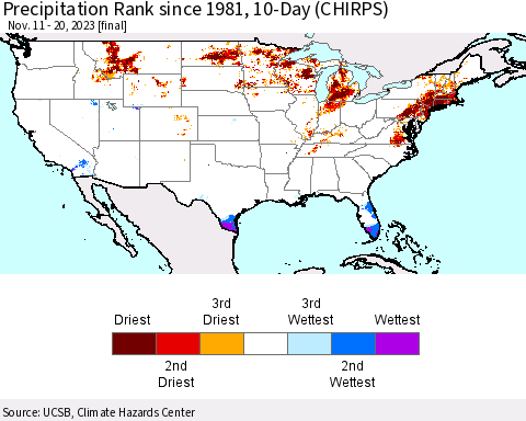 United States Precipitation Rank since 1981, 10-Day (CHIRPS) Thematic Map For 11/11/2023 - 11/20/2023