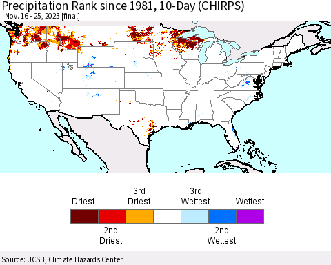 United States Precipitation Rank since 1981, 10-Day (CHIRPS) Thematic Map For 11/16/2023 - 11/25/2023