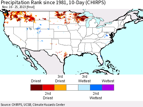 United States Precipitation Rank since 1981, 10-Day (CHIRPS) Thematic Map For 11/16/2023 - 11/25/2023