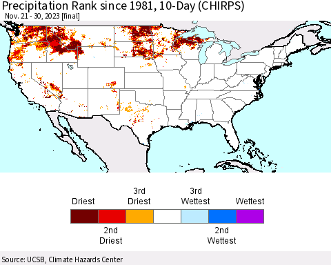 United States Precipitation Rank since 1981, 10-Day (CHIRPS) Thematic Map For 11/21/2023 - 11/30/2023