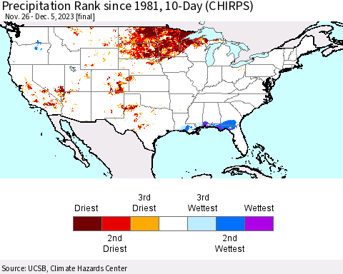 United States Precipitation Rank since 1981, 10-Day (CHIRPS) Thematic Map For 11/26/2023 - 12/5/2023