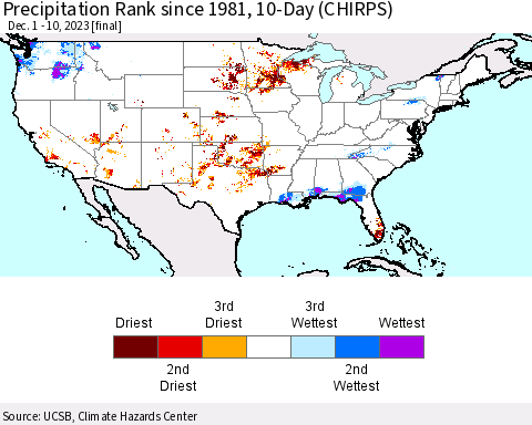 United States Precipitation Rank since 1981, 10-Day (CHIRPS) Thematic Map For 12/1/2023 - 12/10/2023