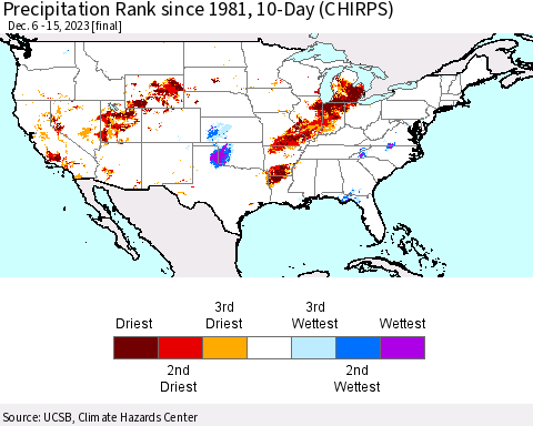 United States Precipitation Rank since 1981, 10-Day (CHIRPS) Thematic Map For 12/6/2023 - 12/15/2023