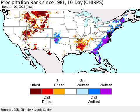 United States Precipitation Rank since 1981, 10-Day (CHIRPS) Thematic Map For 12/11/2023 - 12/20/2023