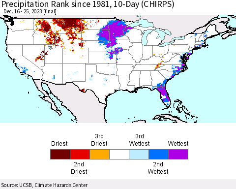 United States Precipitation Rank since 1981, 10-Day (CHIRPS) Thematic Map For 12/16/2023 - 12/25/2023