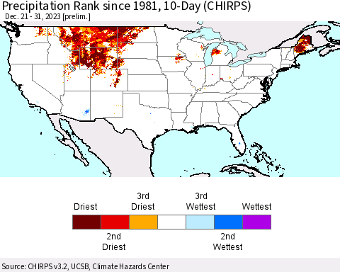 United States Precipitation Rank since 1981, 10-Day (CHIRPS) Thematic Map For 12/21/2023 - 12/31/2023