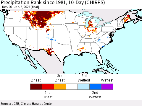 United States Precipitation Rank since 1981, 10-Day (CHIRPS) Thematic Map For 12/26/2023 - 1/5/2024