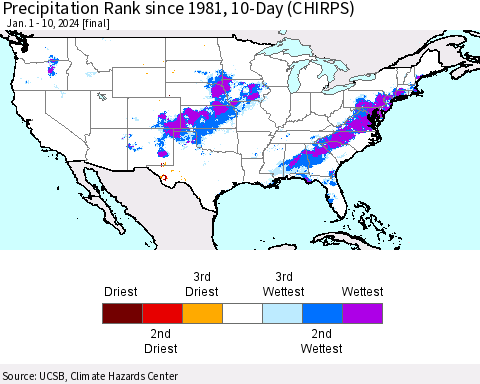 United States Precipitation Rank since 1981, 10-Day (CHIRPS) Thematic Map For 1/1/2024 - 1/10/2024