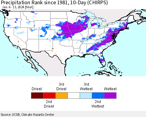 United States Precipitation Rank since 1981, 10-Day (CHIRPS) Thematic Map For 1/6/2024 - 1/15/2024