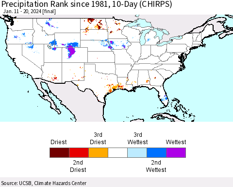 United States Precipitation Rank since 1981, 10-Day (CHIRPS) Thematic Map For 1/11/2024 - 1/20/2024