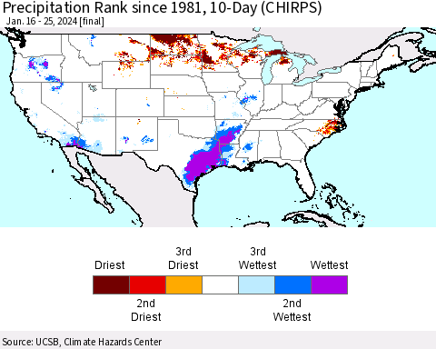 United States Precipitation Rank since 1981, 10-Day (CHIRPS) Thematic Map For 1/16/2024 - 1/25/2024