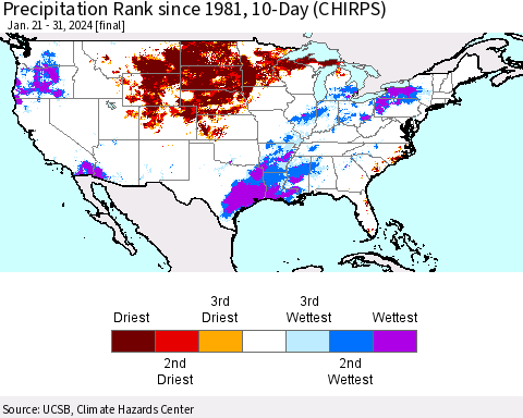 United States Precipitation Rank since 1981, 10-Day (CHIRPS) Thematic Map For 1/21/2024 - 1/31/2024