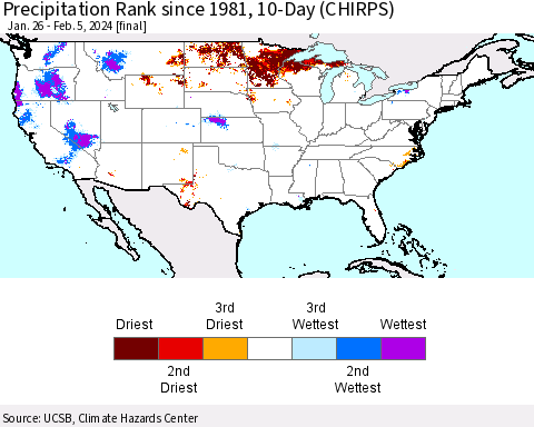 United States Precipitation Rank since 1981, 10-Day (CHIRPS) Thematic Map For 1/26/2024 - 2/5/2024