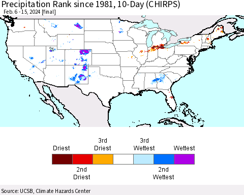 United States Precipitation Rank since 1981, 10-Day (CHIRPS) Thematic Map For 2/6/2024 - 2/15/2024