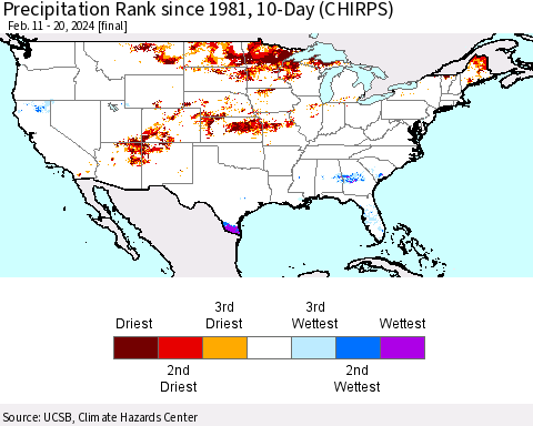 United States Precipitation Rank since 1981, 10-Day (CHIRPS) Thematic Map For 2/11/2024 - 2/20/2024