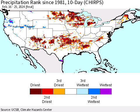 United States Precipitation Rank since 1981, 10-Day (CHIRPS) Thematic Map For 2/16/2024 - 2/25/2024
