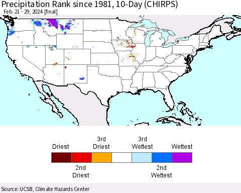 United States Precipitation Rank since 1981, 10-Day (CHIRPS) Thematic Map For 2/21/2024 - 2/29/2024