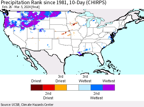 United States Precipitation Rank since 1981, 10-Day (CHIRPS) Thematic Map For 2/26/2024 - 3/5/2024
