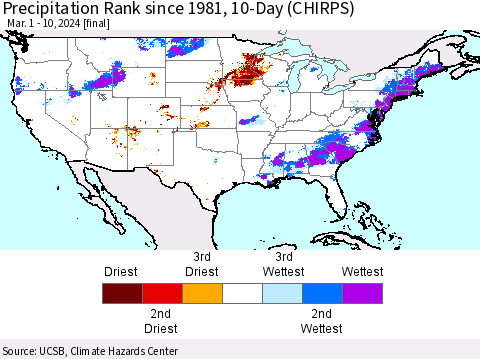 United States Precipitation Rank since 1981, 10-Day (CHIRPS) Thematic Map For 3/1/2024 - 3/10/2024