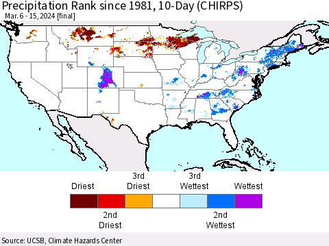 United States Precipitation Rank since 1981, 10-Day (CHIRPS) Thematic Map For 3/6/2024 - 3/15/2024