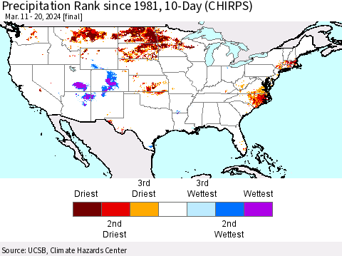 United States Precipitation Rank since 1981, 10-Day (CHIRPS) Thematic Map For 3/11/2024 - 3/20/2024