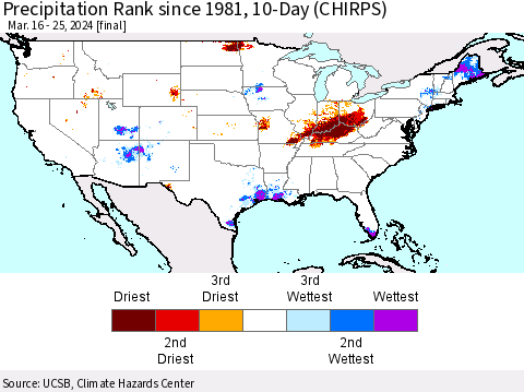 United States Precipitation Rank since 1981, 10-Day (CHIRPS) Thematic Map For 3/16/2024 - 3/25/2024