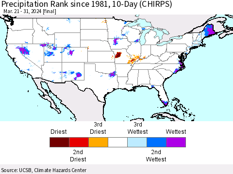 United States Precipitation Rank since 1981, 10-Day (CHIRPS) Thematic Map For 3/21/2024 - 3/31/2024