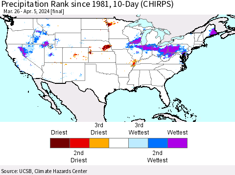 United States Precipitation Rank since 1981, 10-Day (CHIRPS) Thematic Map For 3/26/2024 - 4/5/2024