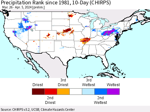 United States Precipitation Rank since 1981, 10-Day (CHIRPS) Thematic Map For 3/26/2024 - 4/5/2024