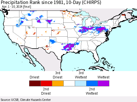 United States Precipitation Rank since 1981, 10-Day (CHIRPS) Thematic Map For 4/1/2024 - 4/10/2024