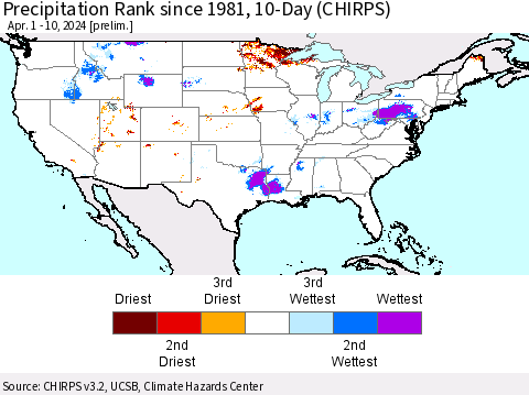 United States Precipitation Rank since 1981, 10-Day (CHIRPS) Thematic Map For 4/1/2024 - 4/10/2024