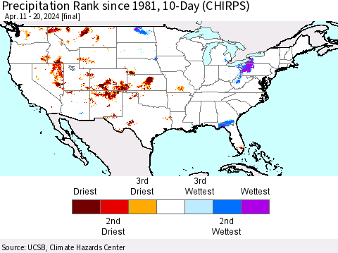 United States Precipitation Rank since 1981, 10-Day (CHIRPS) Thematic Map For 4/11/2024 - 4/20/2024