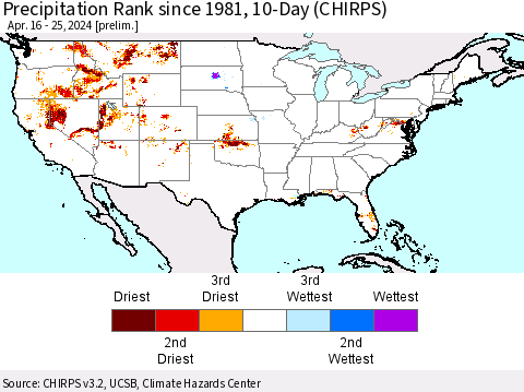 United States Precipitation Rank since 1981, 10-Day (CHIRPS) Thematic Map For 4/16/2024 - 4/25/2024