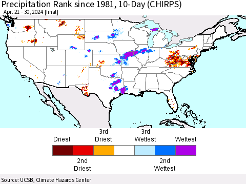 United States Precipitation Rank since 1981, 10-Day (CHIRPS) Thematic Map For 4/21/2024 - 4/30/2024