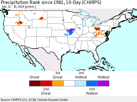 United States Precipitation Rank since 1981, 10-Day (CHIRPS) Thematic Map For 4/21/2024 - 4/30/2024
