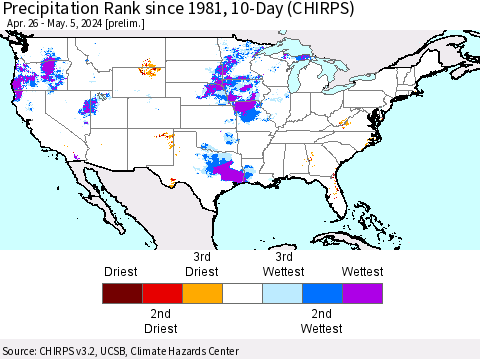 United States Precipitation Rank since 1981, 10-Day (CHIRPS) Thematic Map For 4/26/2024 - 5/5/2024