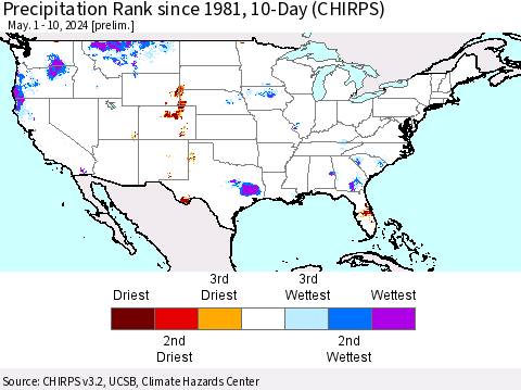 United States Precipitation Rank since 1981, 10-Day (CHIRPS) Thematic Map For 5/1/2024 - 5/10/2024