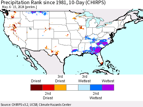 United States Precipitation Rank since 1981, 10-Day (CHIRPS) Thematic Map For 5/6/2024 - 5/15/2024