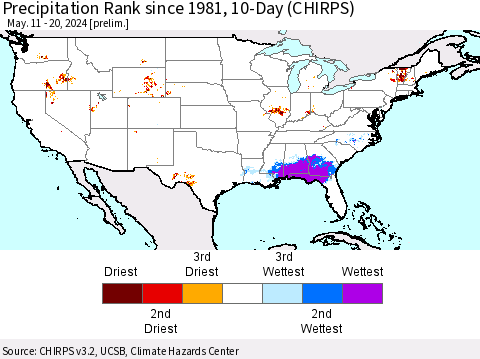 United States Precipitation Rank since 1981, 10-Day (CHIRPS) Thematic Map For 5/11/2024 - 5/20/2024