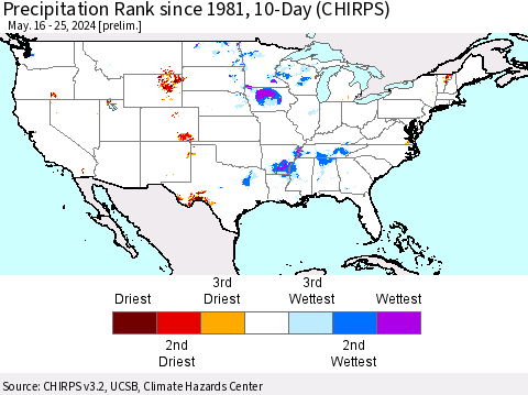 United States Precipitation Rank since 1981, 10-Day (CHIRPS) Thematic Map For 5/16/2024 - 5/25/2024