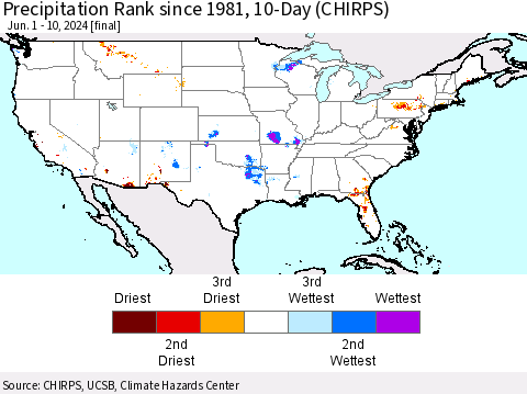 United States Precipitation Rank since 1981, 10-Day (CHIRPS) Thematic Map For 6/1/2024 - 6/10/2024