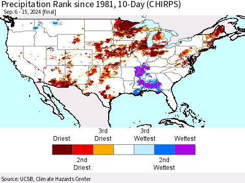 United States Precipitation Rank since 1981, 10-Day (CHIRPS) Thematic Map For 9/6/2024 - 9/15/2024