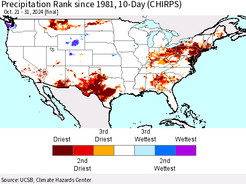 United States Precipitation Rank since 1981, 10-Day (CHIRPS) Thematic Map For 10/21/2024 - 10/31/2024
