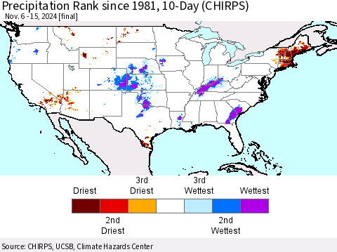 United States Precipitation Rank since 1981, 10-Day (CHIRPS) Thematic Map For 11/6/2024 - 11/15/2024