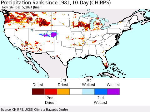 United States Precipitation Rank since 1981, 10-Day (CHIRPS) Thematic Map For 11/26/2024 - 12/5/2024